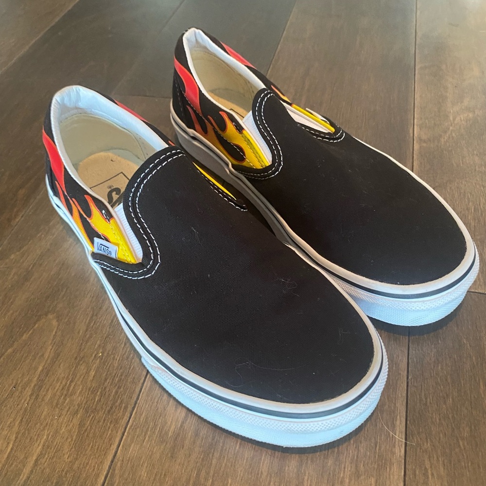 Vans Classic Black Flames Slip On Canvas Shoes Size 5.5
